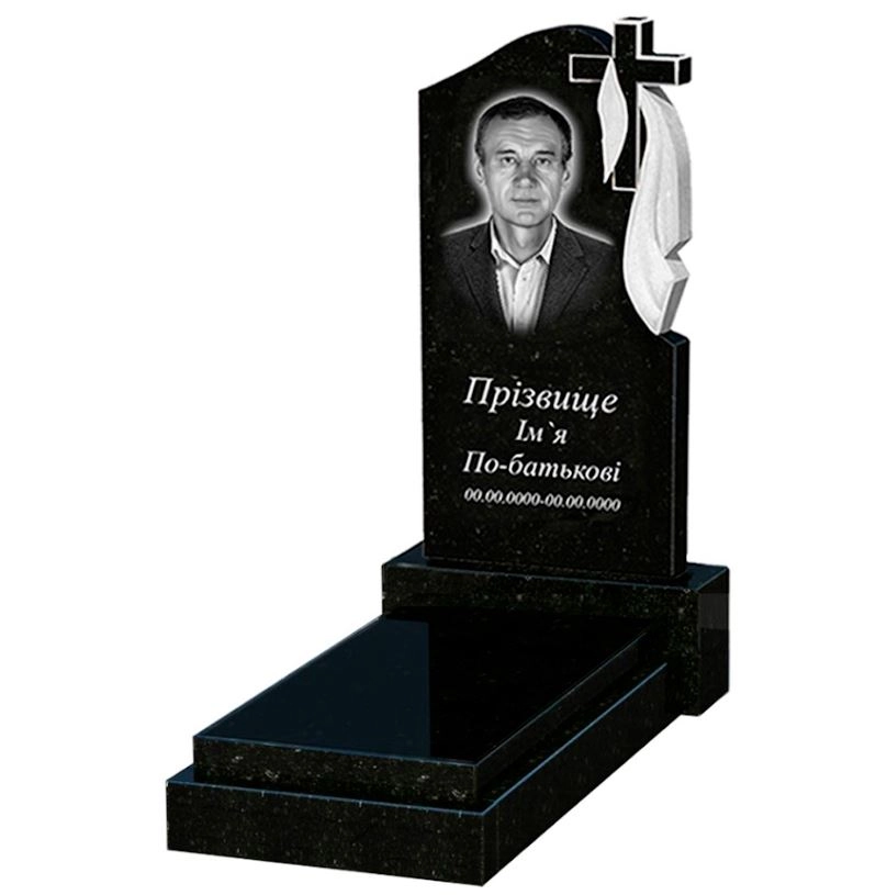 Основне Пам'ятник із граніту чорного кольору одинарний із граніту Коростишів з хрестом та плащаницею різьблений к12-kor-pf-80-40-05-142-r