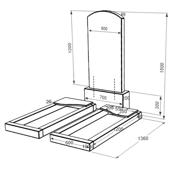 Размеры Гранитный памятник широкого размера двойной из черного гранита Коростышев с волной резной к16-kor-pf-120-60-08-009