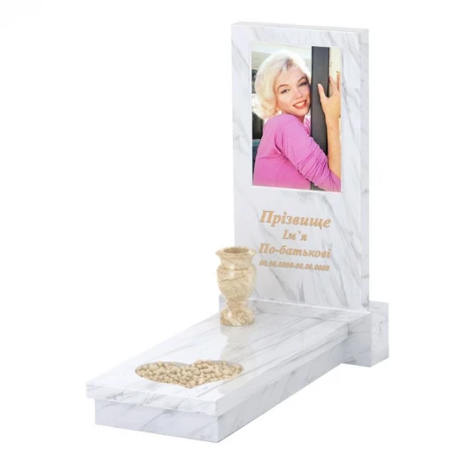 Мармуровий пам'ятник прямокутний одинарний з білого мармуру Волокас з серцем різьблена робота к11-vol-pf-100-50-08-001