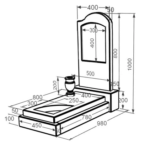 Розміри Пам'ятник надгробок з мармуру з гробницею одинарний з мармуру Дайна з вирізаним куточком к24-dan-pf-80-40-05-011-r