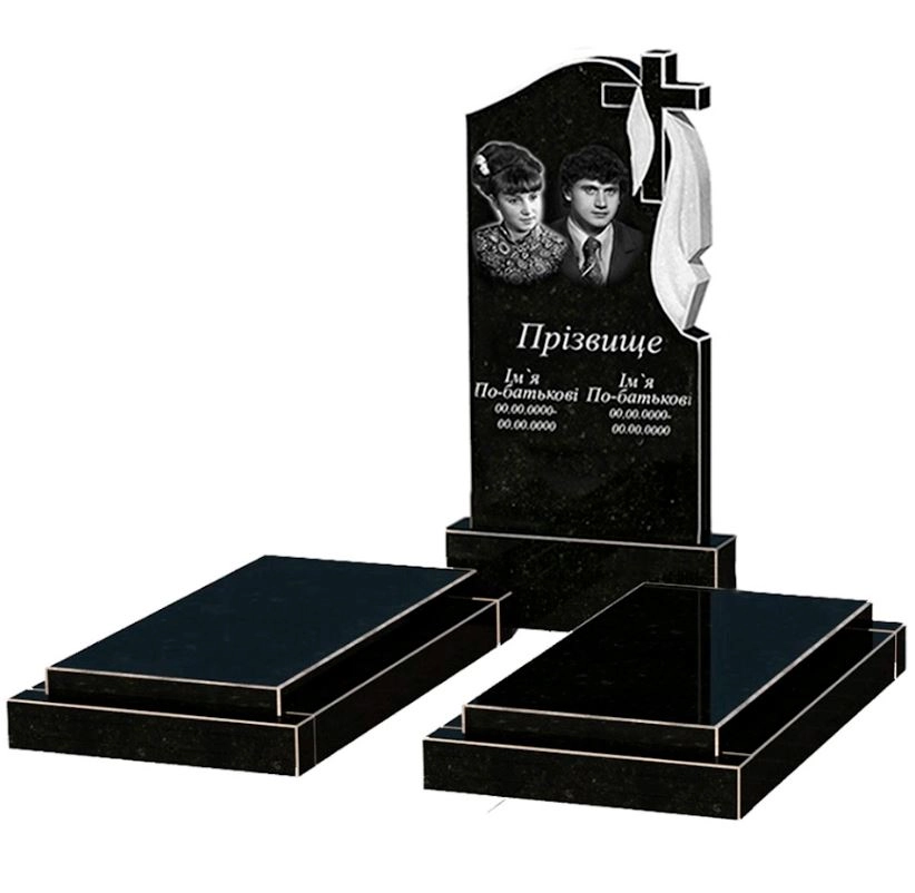 Основное Гранитный памятник вертикальный двойной из черного гранита Коростышев с крестом и плащаницей резной к21-kor-npf-100-50-08-142-r