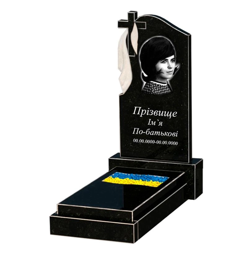 Основное Гранитный памятник высотой 100 см одинарный из черного гранита Коростышев с вырезанным флагом к6-kor-npf-80-40-08-142