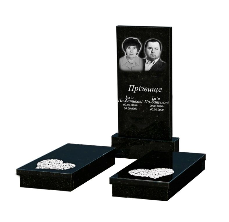 Основне Гранітний пам'ятник на кладовище з серцем різьблена робота подвійний із чорного граніту Коростишів к20-kor-pf-100-50-08-001