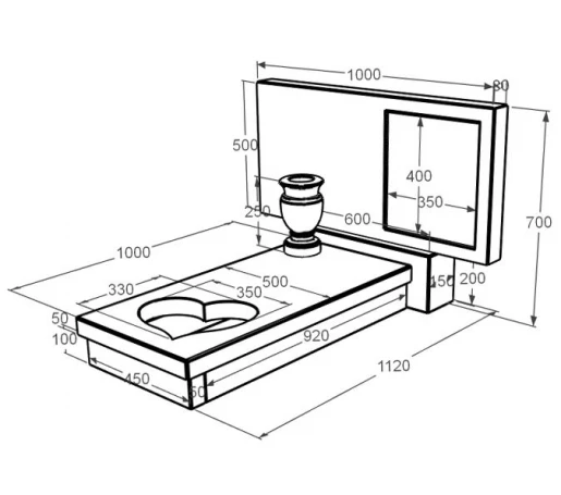Размеры Надгробие из мрамора высотой 70 см одинарный из мрамора Дайна с сердцем резная работа к11-dan-pf-50-100-05-001