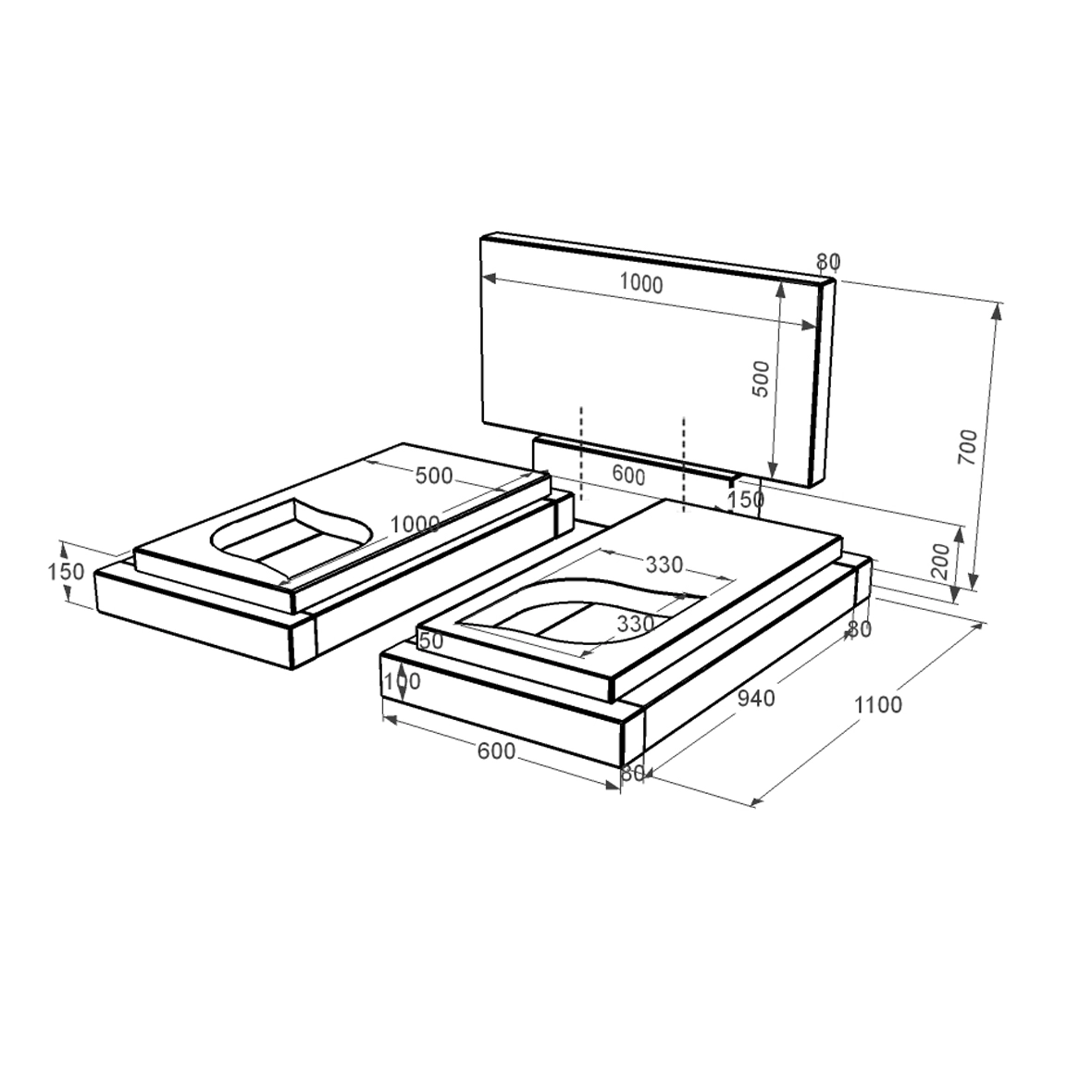 Двойной гранитный надгробный камень из черного гранита Коростышев с листом резная работа к22-kor-npf-50-100-08-001