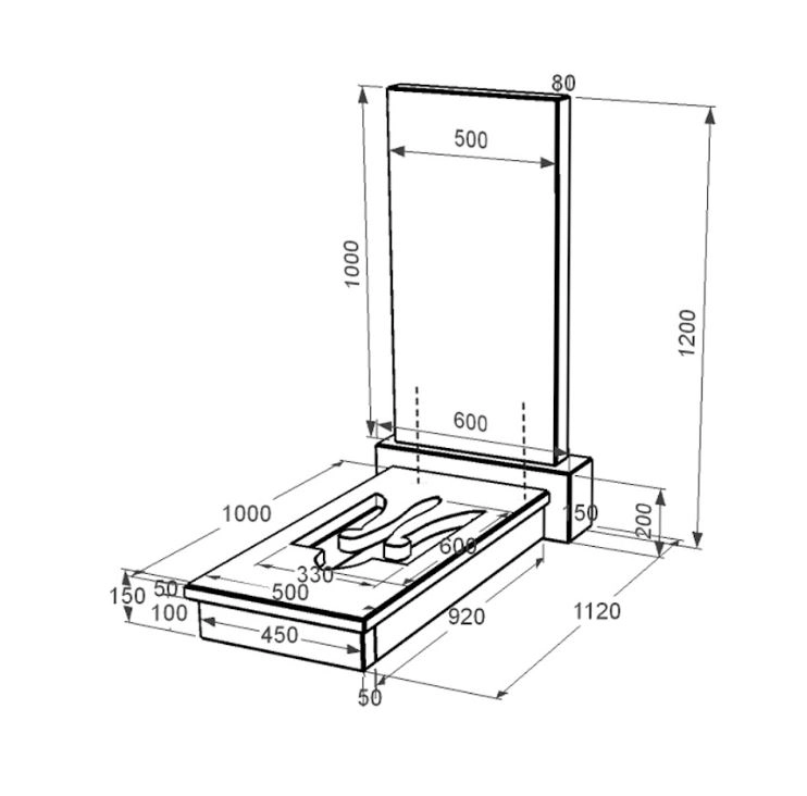 Розміри Плита на могилу із граніту з Тризубом вирізаним одинарний із чорного граніту Коростишів к8-kor-npf-100-50-08-001