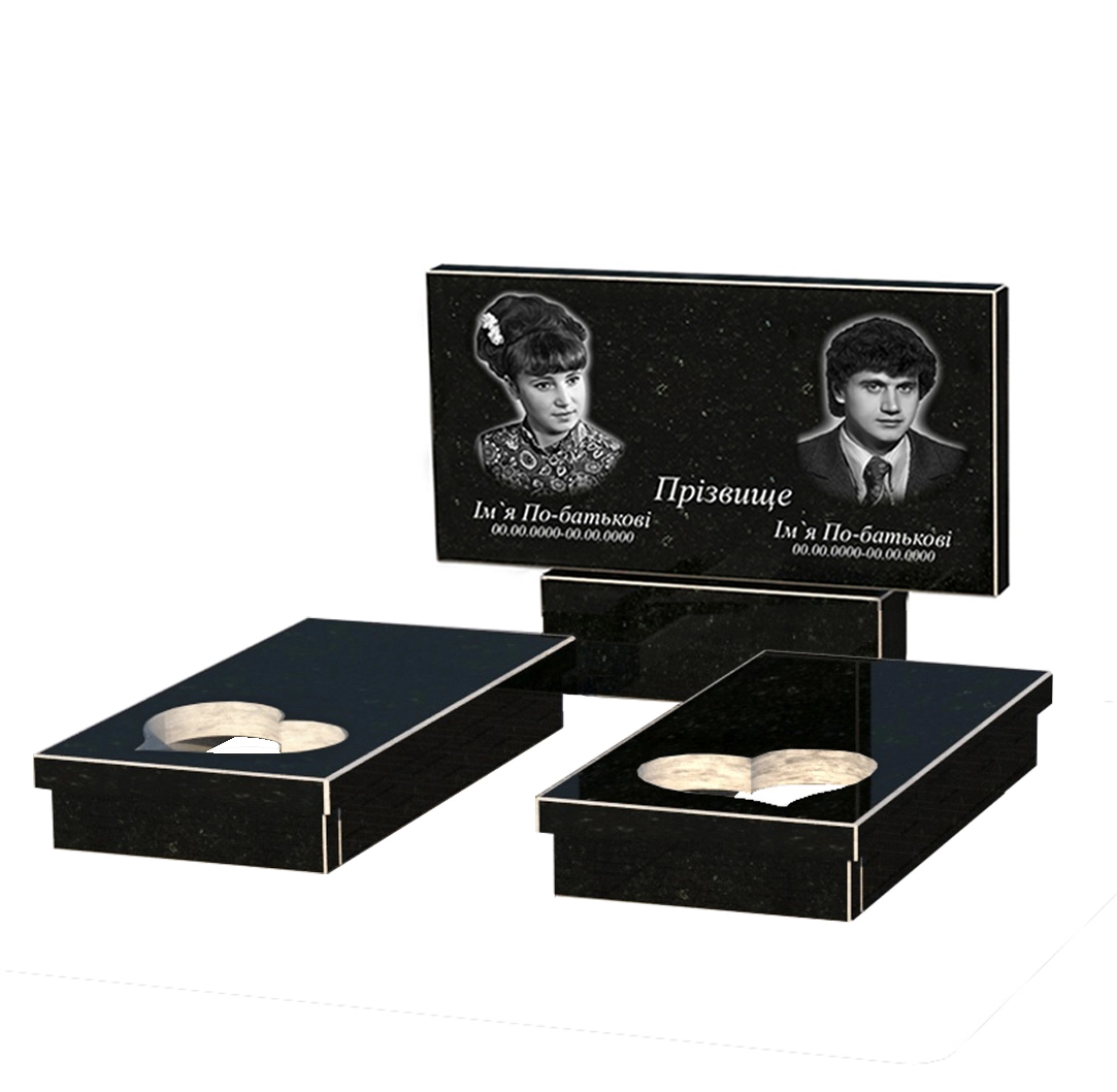 Без декору Пам'ятник із граніту чорного кольору подвійний із чорного граніту Коростишів з серцем різьблена робота к20-kor-npf-50-100-08-001