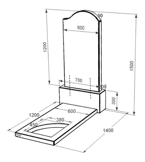 Розміри Надгробок із граніту жіночі одинарний із чорного граніту Коростишів з хвилею та куточком різьблений к9-kor-npf-120-60-08-011-r