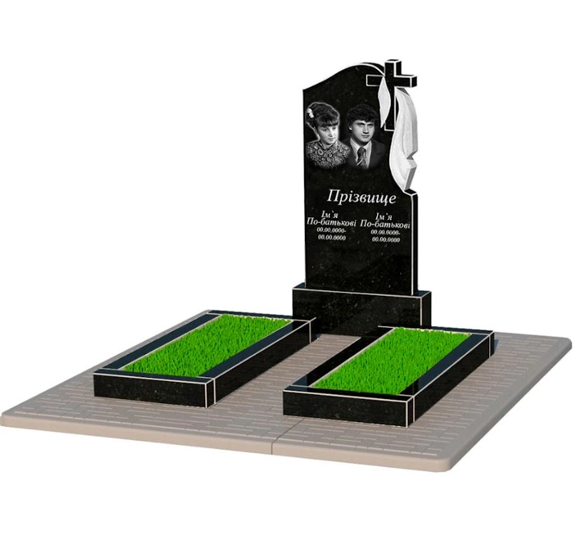 Основное Гранитный памятник вертикальный двойной из черного гранита Коростышев с крестом и плащаницей резной к14-kor-npf-100-50-08-142-r-pbd2