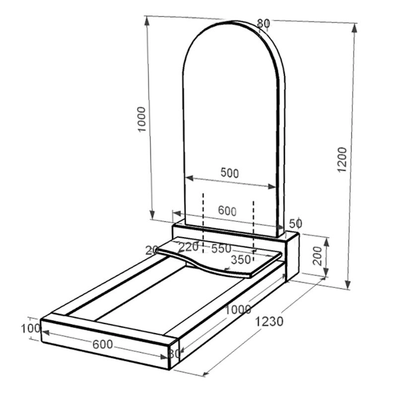 Розміри Гранітний пам'ятник напівкруглий одинарний із чорного граніту Коростишів з хвилею різьблений к5-kor-npf-100-50-08-006