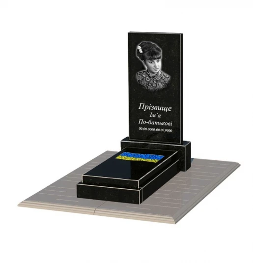 Гранітний пам'ятник з вирізаним прапором одинарний із чорного граніту Коростишів к6-kor-npf-80-40-08-001-pbd1