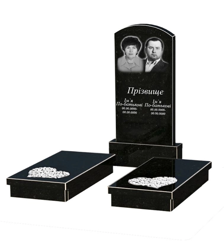 Основне Подвійний гранітний пам'ятник із чорного граніту Коростишів з серцем різьблена робота к20-kor-npf-100-50-08-009