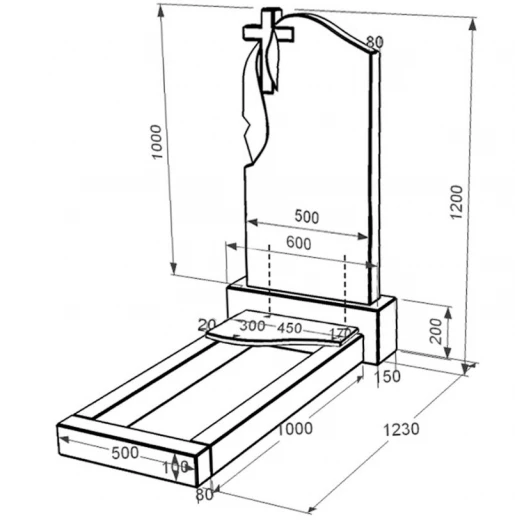 Размеры Гранитный памятник с вертикальным уровнем установки стелы одинарный из черного гранита Коростышев с волной резной к4-kor-pf-100-50-08-142