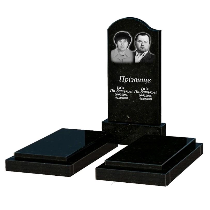 Основне Гранітний пам'ятник на могилу чорного кольору подвійний із чорного граніту Коростишів з хвилею різьблений к21-kor-pf-100-50-08-011-l