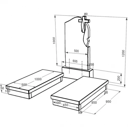 Розміри Гранітний пам'ятник середнього розміру подвійний із чорного граніту Коростишів з хрестом та плащаницею різьблений к19-kor-npf-100-50-08-142-r