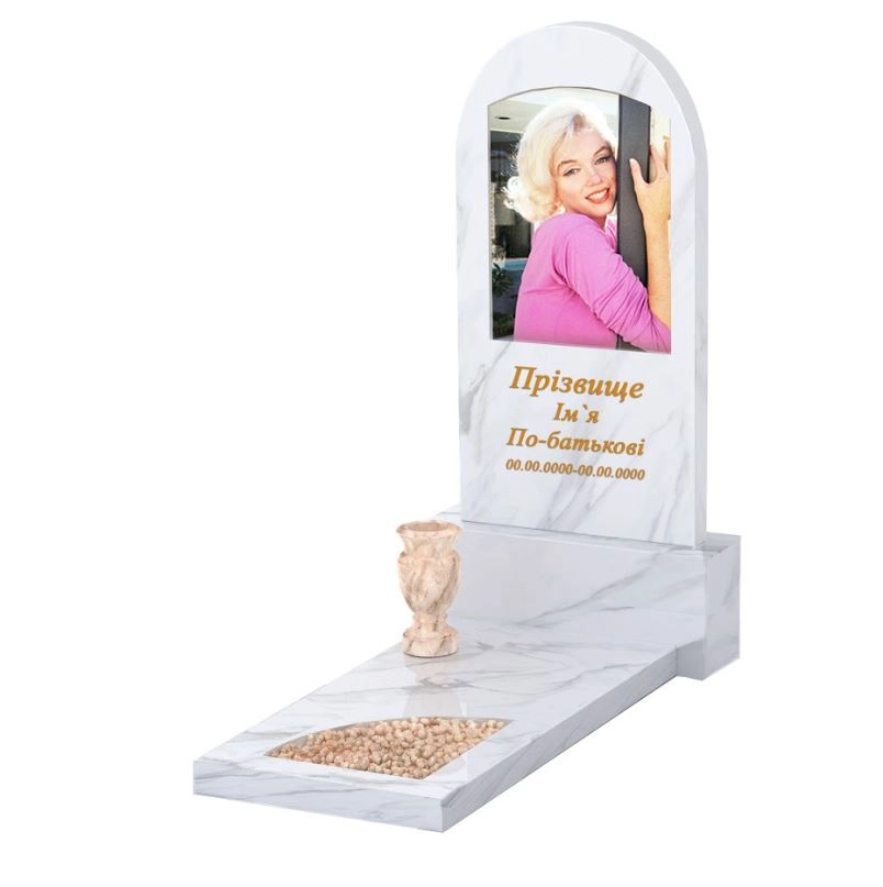 Основне Мармуровий пам'ятник дівчинам одинарний з білого мармуру Волокас з вирізаним куточком з полукруглою стелою к9-vol-pf-80-40-05-006