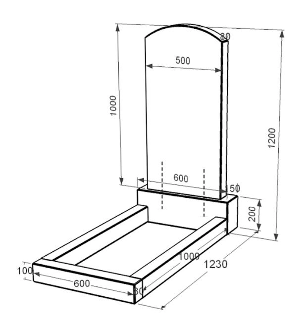 Розміри Надгробок на могилу із граніту з полірованими фасками одинарний із чорного граніту Коростишів з дугою різьблений к2-kor-pf-100-50-08-009