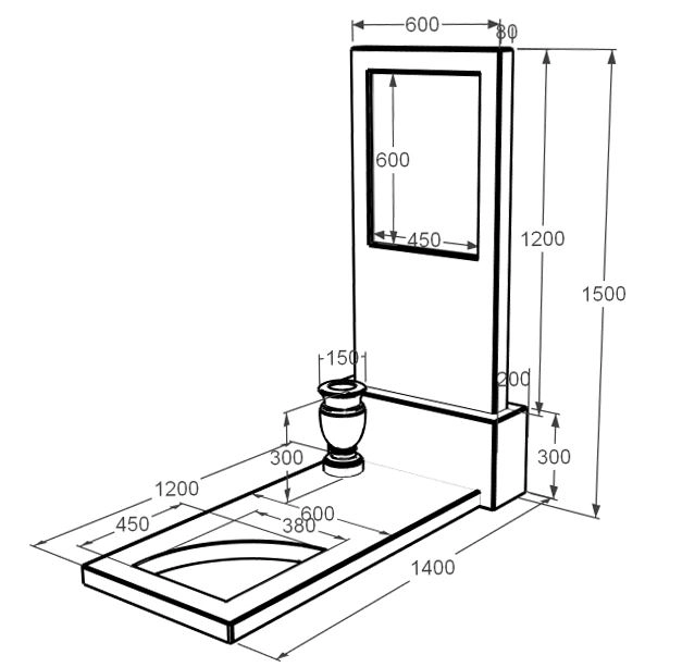 Розміри Мармуровий пам'ятник висотою 150 см одинарний з білого мармуру Волокас з вирізаним куточком к9-vol-pf-120-60-08-001