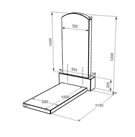 Размеры Гранитный памятник с вертикальным уровнем установки стелы одинарный из черного гранита Коростышев с дугой резной к7-kor-npf-100-50-08-009