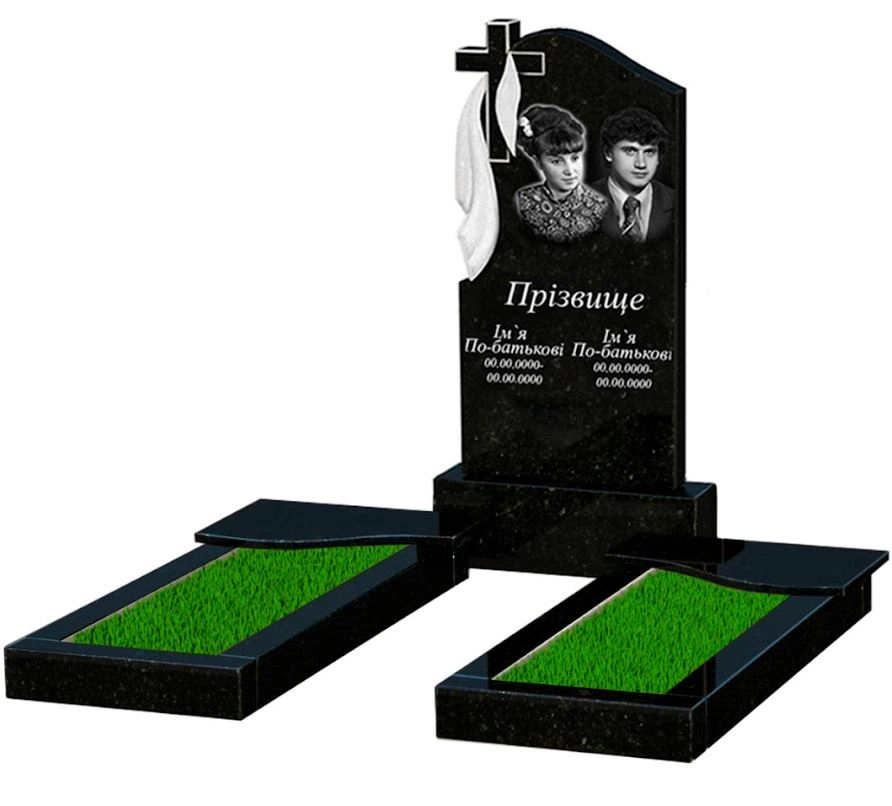 Основне Подвійний пам'ятник із граніту із чорного граніту Коростишів з хвилею різьблений к15-kor-pf-100-50-08-142