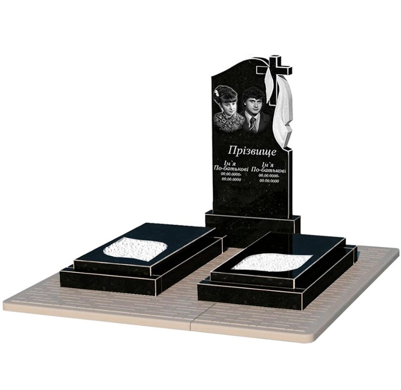 Основное Гранитный памятник на кладбище с гробницей двойной из черного гранита Коростышев с листом резная работа к22-kor-npf-100-50-08-142-r-pbd2