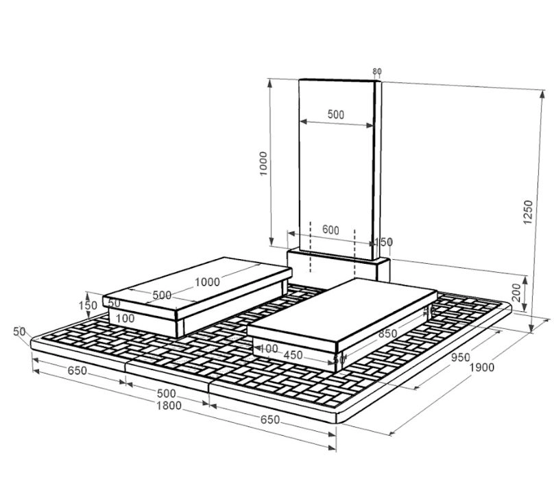 Размеры Гранитный памятник на могилу из черного гранита Коростышев двойной без резных работ к21-kor-npf-100-50-08-001-pbd2