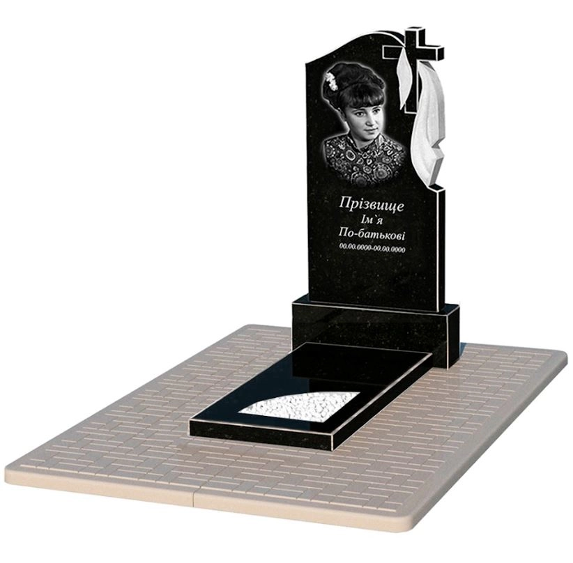 Основне Гранітний пам'ятник з вирізаним куточком одинарний із чорного граніту Коростишів к9-kor-npf-100-50-08-142-r-pbd2