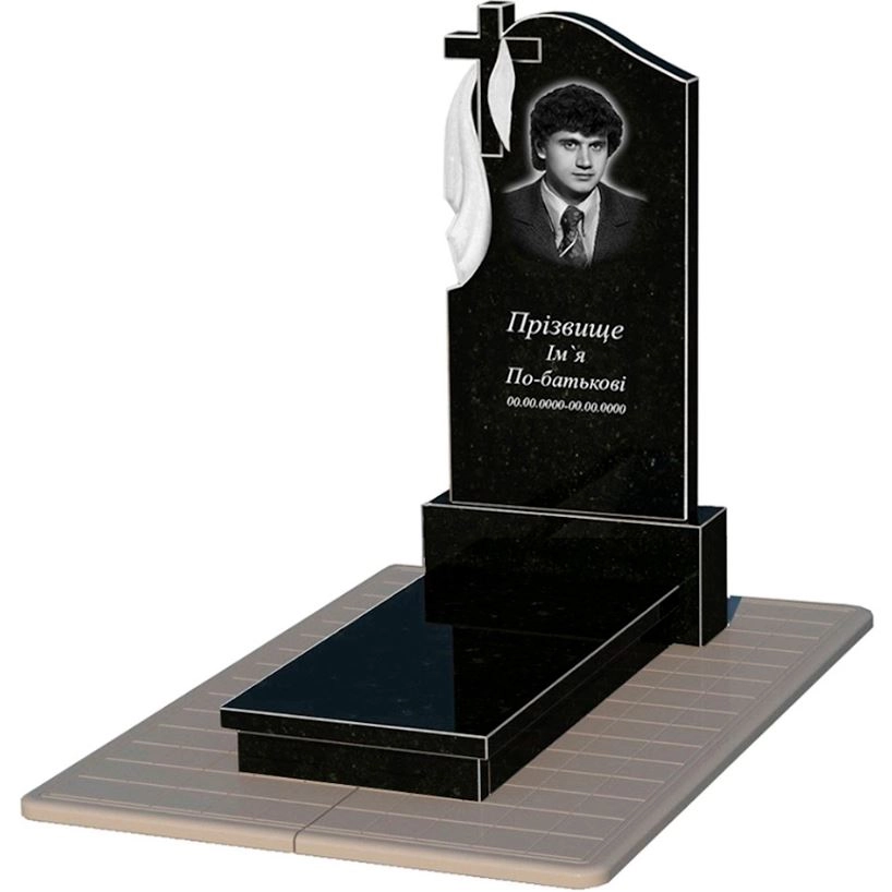Основне Гранітний пам'ятник з хрестом та плащаницею різьблений одинарний із чорного граніту Коростишів к10-kor-npf-120-60-08-142-pbd3