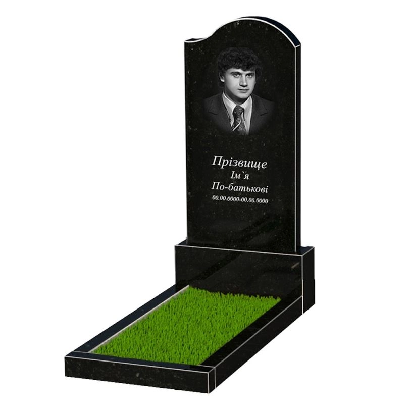 Основне Граніт надгробок з декоруванням штучною травою одинарний із чорного граніту Коростишів з хвилею різьблений к2-kor-npf-120-60-08-011-r