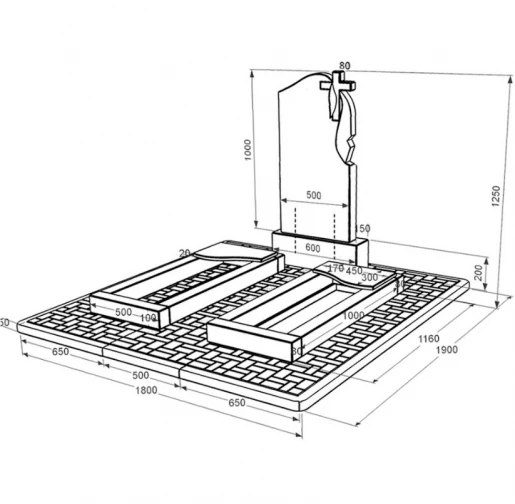 Розміри Гранітний пам'ятник для родини подвійний із чорного граніту Коростишів з хвилею різьблений к16-kor-pf-100-50-08-142-r-pbd2