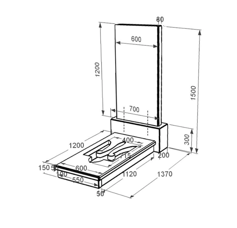 Розміри Гранітний пам'ятник для доньки одинарний із чорного граніту Коростишів з Тризубом вирізаним к8-kor-npf-120-60-08-001