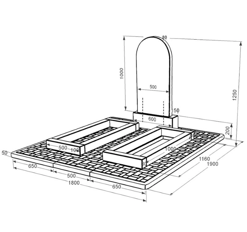 Розміри Пам'ятник із граніту на могилу подвійний із чорного граніту Коростишів з полукруглою стелою к14-kor-pf-100-50-08-006-pbd2