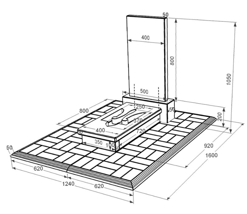 Розміри Надгробок із граніту з Тризубом резним одинарний із чорного граніту Коростишів к8-kor-pf-80-40-08-001-pbd1