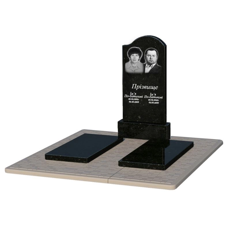 Основное Гранитная плита на могилу с двумя надгробиями двойная из черного гранита Коростышев с волной резная к17-kor-pf-100-50-08-011-r-pbd2