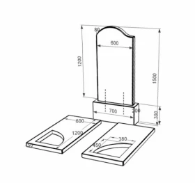 Розміри Камінь на могилу з граніту з чорною стелою подвійний із чорного граніту Коростишів з вирізаним куточком к18-kor-pf-120-60-08-011-l