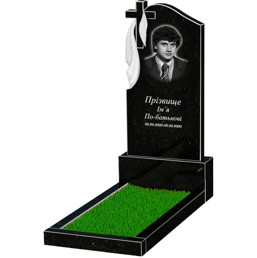 Основне Гранітний пам'ятник висотою 150 см одинарний із чорного граніту Коростишів з хрестом та плащаницею різьблений к2-kor-npf-120-60-08-142