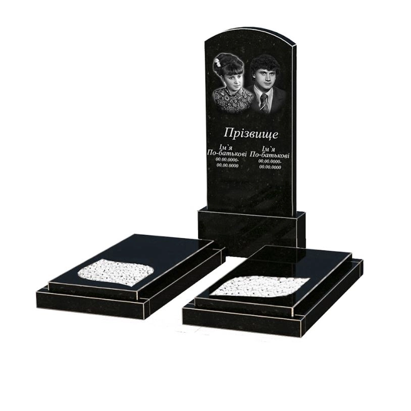 Основне Гранітний пам'ятник надгробний подружжю подвійний із чорного граніту Коростишів з листом різьблена робота к22-kor-npf-120-60-08-009