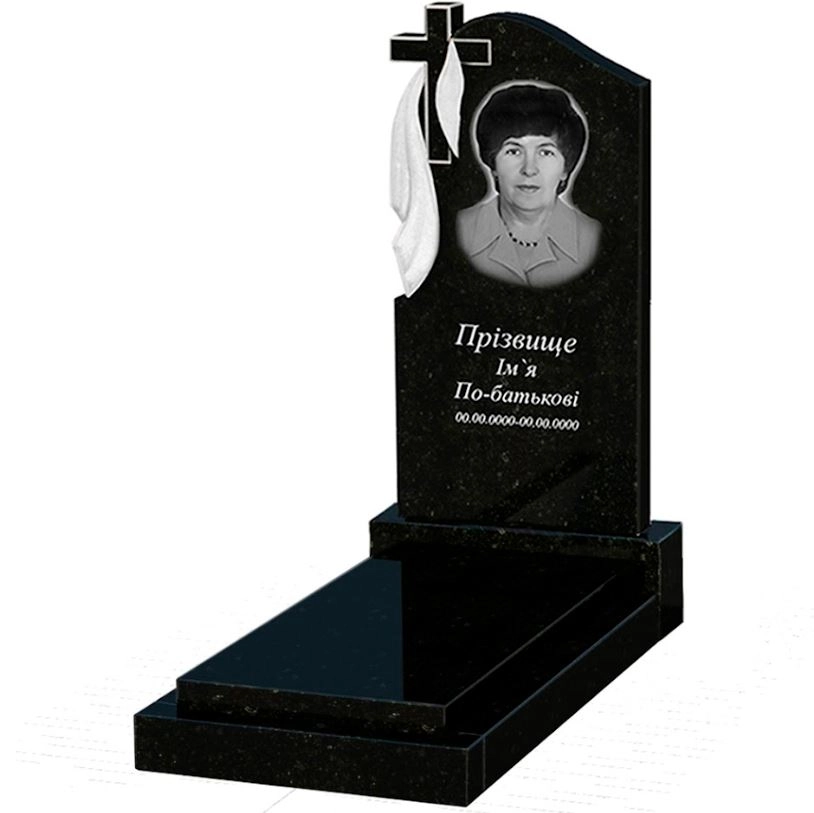 Основне Пам'ятник із граніту з хрестом різьблений одинарний із чорного граніту Коростишів з плащаницею різьблений к12-kor-pf-100-50-08-142