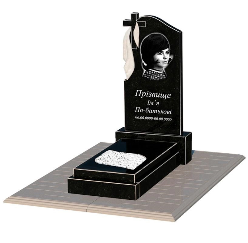 Основне Гранітний пам'ятник доньці одинарний із чорного граніту Коростишів з листом різьблена робота к13-kor-npf-80-40-05-142-pbd1