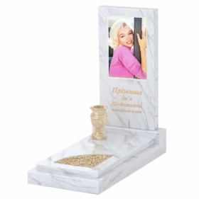 Мармуровий пам'ятник середнього розміру одинарний з білого мармуру Волокас з вирізаним куточком к24-vol-pf-100-50-08-001