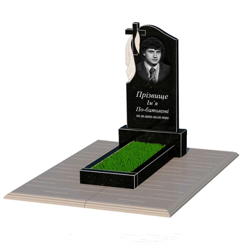 Основное Гранитный памятник на могилу с крестом резная работа одинарный из черного гранита Коростышев с плащаницей резной к1-kor-npf-80-40-05-142-pbd1
