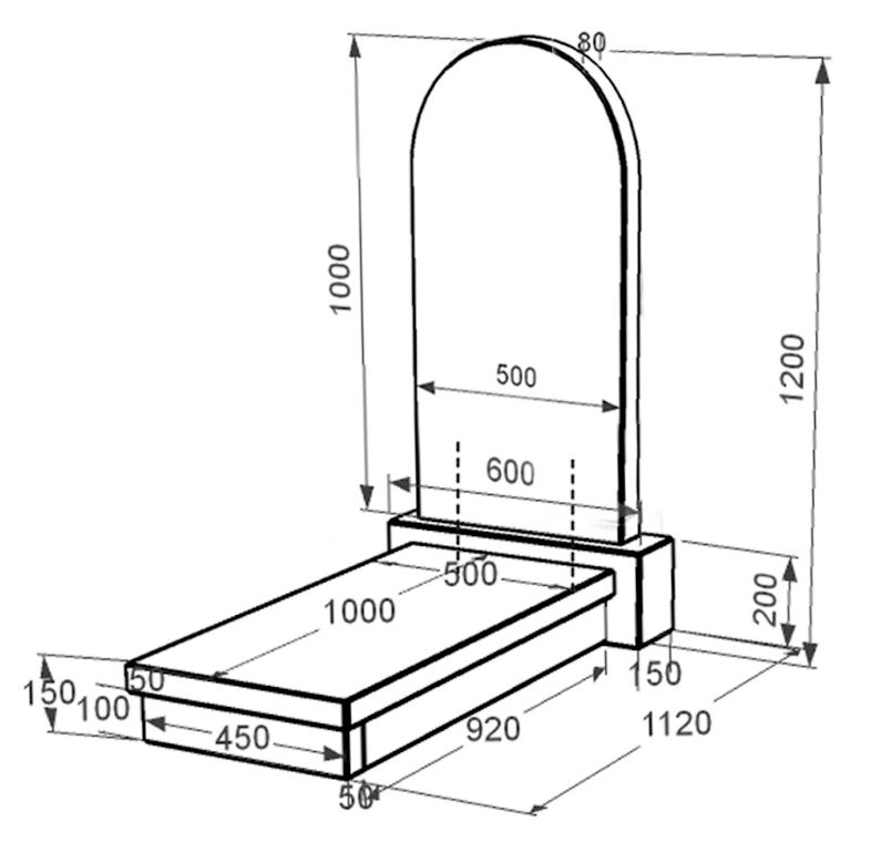 Розміри Гранітний пам'ятник зі стелою напівкруглої форми одинарний із чорного граніту Коростишів к10-kor-pf-100-50-08-006