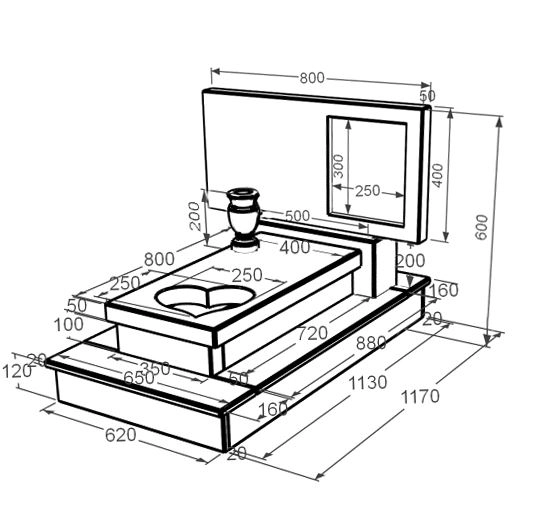 Розміри Мармуровий пам'ятник горизонтальний одинарний з бежевого мармуру Дайна з серцем різьблена робота к11-dan-pf-40-80-05-001-ck
