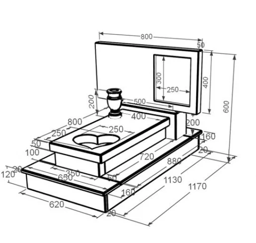 Розміри Мармуровий пам'ятник горизонтальний одинарний з бежевого мармуру Дайна з серцем різьблена робота к11-dan-pf-40-80-05-001-ck