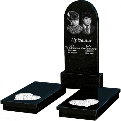 Основное Гранитный памятник с гробницей двойной из черного гранита Коростышев с сердцем резная работа к20-kor-pf-120-60-08-006