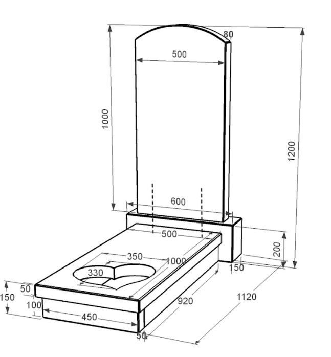 Розміри Надгробок на могилу із граніту з серцем різьблена робота одинарний із чорного граніту Коростишів к11-kor-npf-100-50-08-009