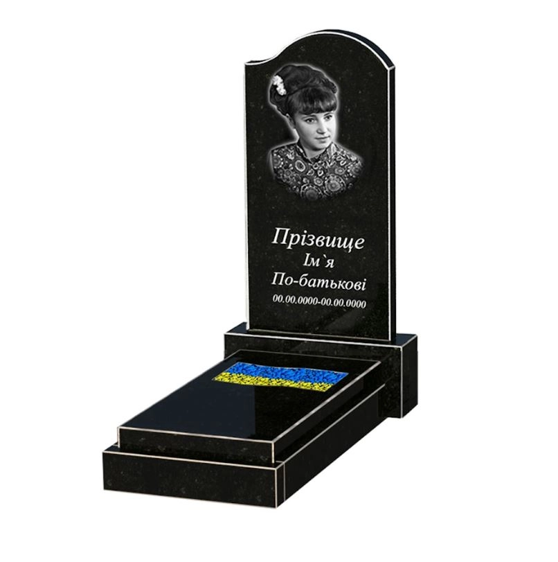 Основне Пам'ятник на цвинтар з граніту дівчинам одинарний із чорного граніту Коростишів з хвилею та флагом різьблений к6-kor-npf-80-40-08-011-r