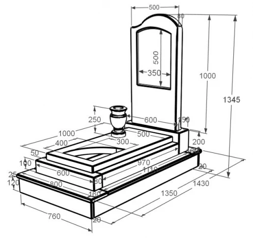 Розміри Мармуровий пам'ятник з цоколем одинарний з білого мармуру Волокас з вирізаним куточком к24-vol-pf-100-50-08-011-r-ck