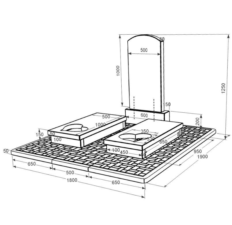 Розміри Гранітний пам'ятник сімейний 1200x600x1150 подвійний з серцем різьблена робота із чорного граніту Коростишів Дуга 009 к20-kor-npf-100-50-08-009-pbd2