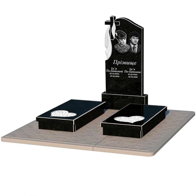 Основное Гранитный памятник производство Украина двойной из черного гранита Коростышев с сердцем резная работа к20-kor-npf-100-50-08-142-pbd2